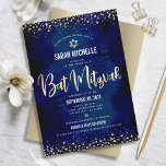 Bat Mitzvah Modern Navy Gold Glitter Foil Script Invitation<br><div class="desc">Be proud, rejoice and showcase this milestone of your favorite Bat Mitzvah! Send out this stunning, modern, sophisticated, personalized invitation for an event to remember. Graphic faux gold foil calligraphy script, Star of David, and glitter confetti, overlay a rich, dramatic, navy blue watercolor background. A faux gold Star of David...</div>