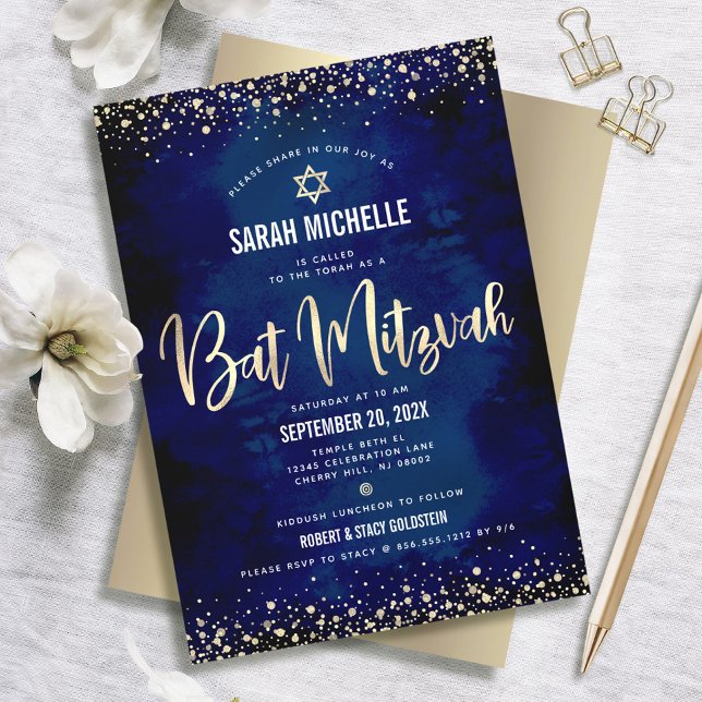 Bat Mitzvah Modern Navy Gold Glitter Foil Script Invitation (Creator Uploaded)