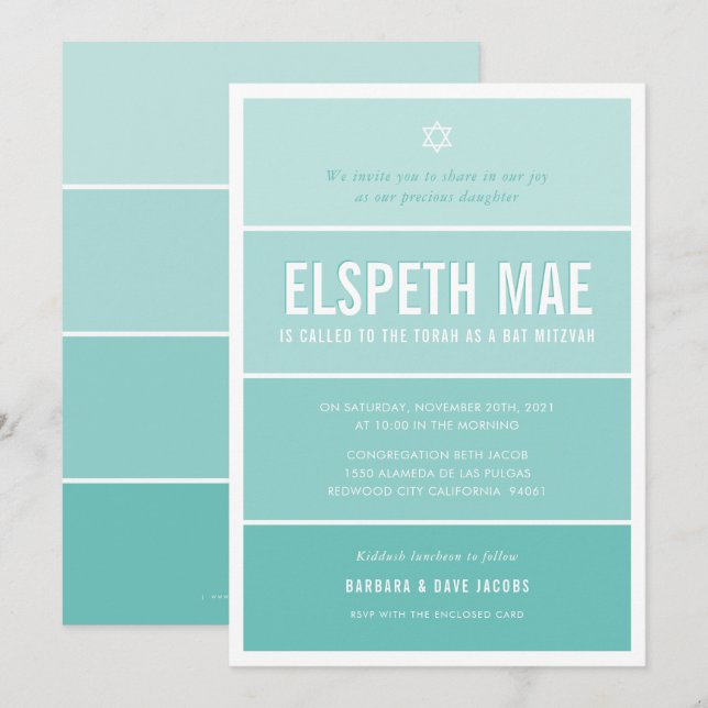 BAT MITZVAH modern ombre gradient jade mint green Invitation (Front/Back)