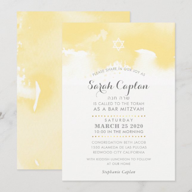 BAT MITZVAH modern pale yellow gray watercolor Invitation (Front/Back)