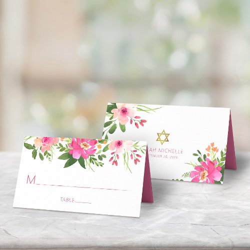 Bat Mitzvah Modern Pink Floral Watercolor Stylish Place Card