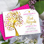 Bat Mitzvah Modern Pink Gold Foil Tree of Life Invitation<br><div class="desc">Be proud, rejoice and showcase this milestone of your favorite Bat Mitzvah! This graphic faux gold foil tree with sparkly pink, orange, and red Star of David and dot “leaves” on a white background is the perfect invitation for this special occasion. A tiny, dark red Star of David pattern overlaying...</div>