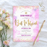 Bat Mitzvah modern pink watercolor gold glitter Invitation<br><div class="desc">Be proud, rejoice and showcase this milestone of your favorite Bat Mitzvah! Send out this stunning, modern, sparkly gold faux foil and glitter dots and typography script against a soft pink watercolor background, personalized invitation for an event to remember. Personalize the custom text with your Bat Mitzvah’s name, date, and...</div>