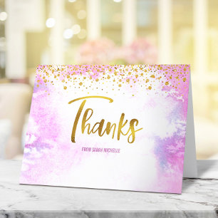 Bat Mitzvah Modern Pink Watercolor Gold Script Thank You Card