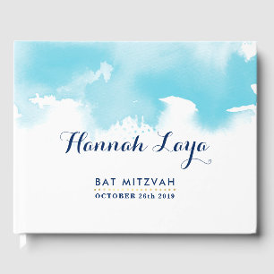 BAT MITZVAH modern pretty aqua blue watercolor Guest Book