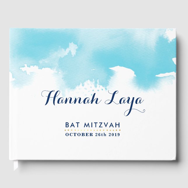 BAT MITZVAH modern pretty aqua blue watercolor Guest Book (Front)