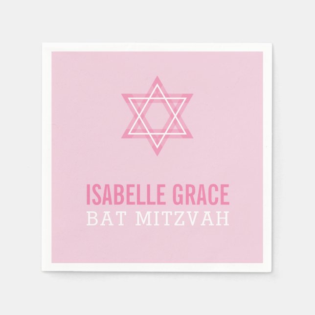 BAT MITZVAH modern pretty pink star Napkins (Front)