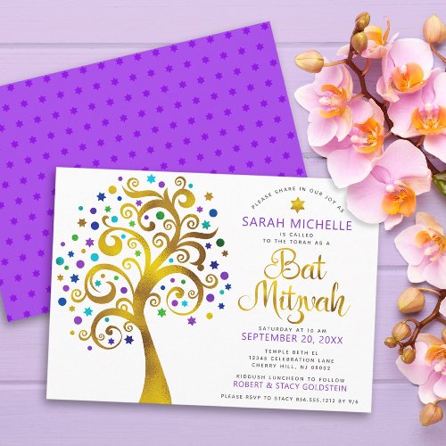 Bat Mitzvah Modern Purple Gold Foil Tree of Life Invitation
