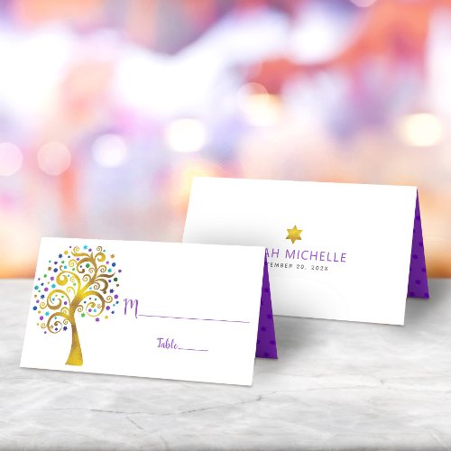 Bat Mitzvah Modern Purple Gold Foil Tree of Life Place Card
