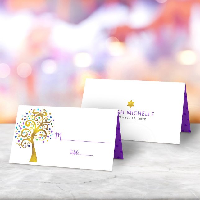 Bat Mitzvah Modern Purple Gold Foil Tree of Life Place Card (Creator Uploaded)