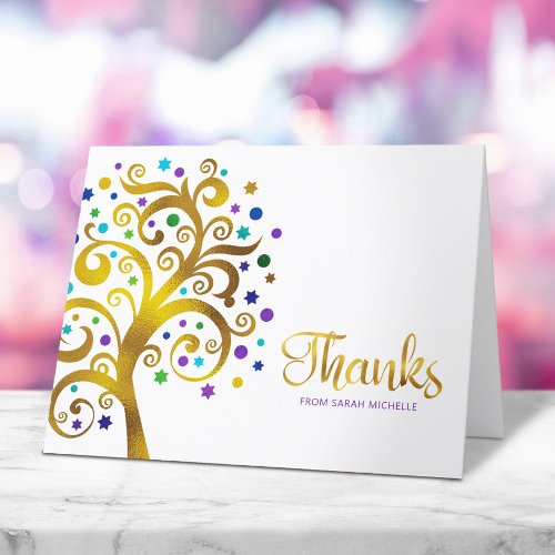 Bat Mitzvah Modern Purple Gold Foil Tree of Life Thank You Card