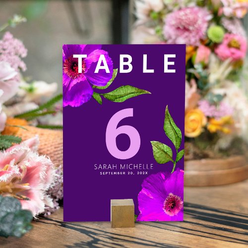 Bat Mitzvah Modern Purple Pink Floral Watercolor Table Number