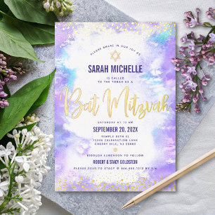 Bat Mitzvah modern purple watercolor real gold  Foil Invitation