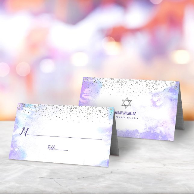 Bat Mitzvah Modern Purple Watercolor Silver Dots Place Card (Creator Uploaded)