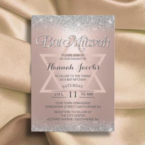 Bat Mitzvah Modern Rose Gold  Silver Glitter Invitation