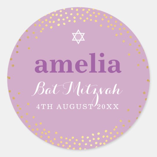 Purple and Teal Watercolor Bat Mitzvah Favor Classic Round Sticker ...