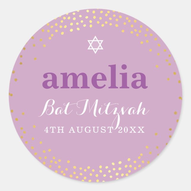 BAT MITZVAH modern rustic gold confetti purple Classic Round Sticker (Front)