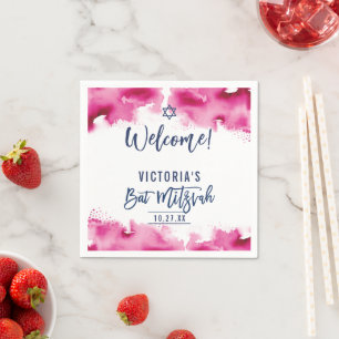 BAT MITZVAH modern script dark pink watercolor Napkins