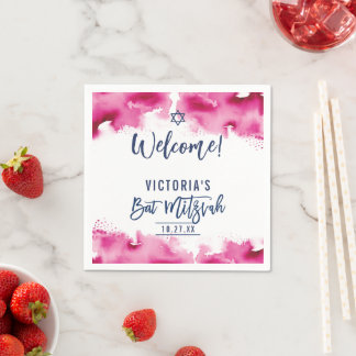 BAT MITZVAH modern script dark pink watercolor Napkins