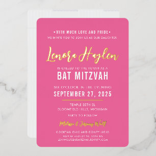 BAT MITZVAH modern script pretty pink gold Foil Invitation