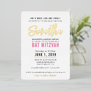 BAT MITZVAH modern script pretty pink gold Foil Invitation