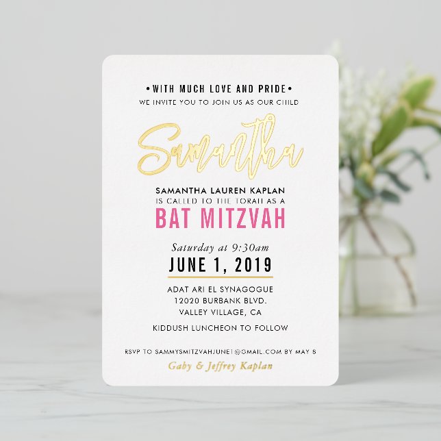 BAT MITZVAH modern script pretty pink gold Foil Invitation (Standing Front)