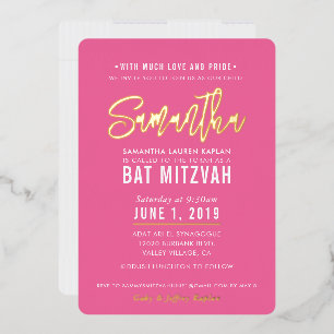 BAT MITZVAH modern script pretty pink gold Foil Invitation