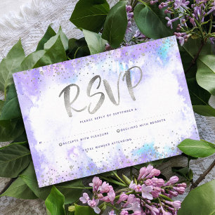 Bat Mitzvah modern silver foil purple watercolor RSVP Card