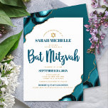 Bat Mitzvah Modern Simple Turquoise Agate Script Invitation<br><div class="desc">Be proud, rejoice and showcase this milestone of your favorite Bat Mitzvah! Send out this cool, unique, modern, personalized invitation for an event to remember. Dark teal blue script typography and faux gold Star of David overlay simple, clean white background with turquoise blue agate accented with faux gold veins. Personalize...</div>
