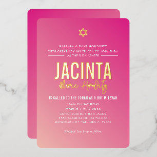 BAT MITZVAH modern star bright pink gradient gold Foil Invitation