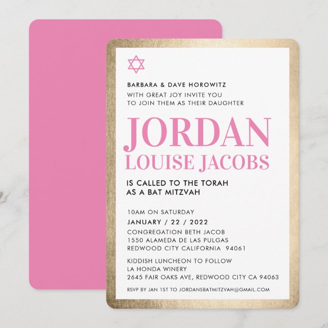 BAT MITZVAH modern star gold black pink simple  Invitation (Front/Back)