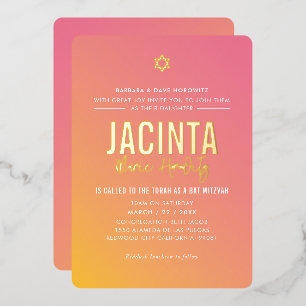 BAT MITZVAH modern star pink yellow gradient  Foil Invitation