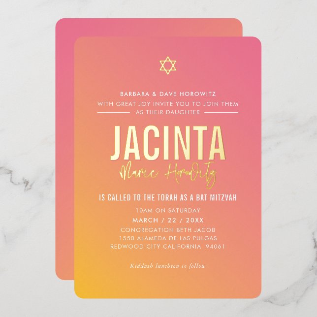 BAT MITZVAH modern star pink yellow gradient  Foil Invitation (Front/Back)