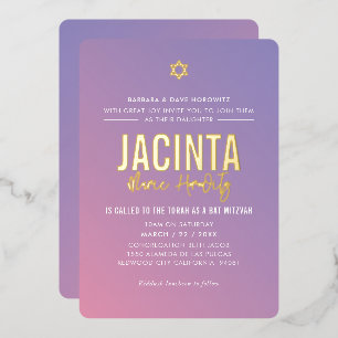 BAT MITZVAH modern star purple pink gradient  Foil Invitation