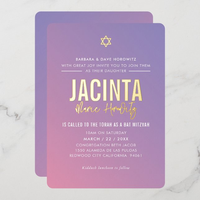 BAT MITZVAH modern star purple pink gradient  Foil Invitation (Front/Back)