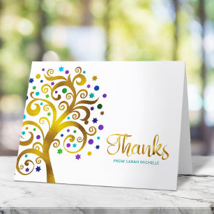 Bat Mitzvah Modern Teal and Gold Foil Tree of Life Thank You Card