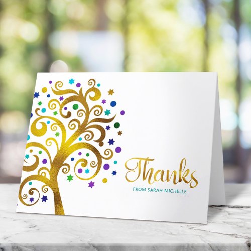 Bat Mitzvah Modern Teal and Gold Foil Tree of Life Thank You Card