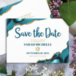 Bat Mitzvah Modern Turquoise Gold Agate Script Save The Date<br><div class="desc">Make sure all your friends and relatives will be able to celebrate your daughter’s milestone Bat Mitzvah! Send out this cool, unique, modern, personalized “Save the Date” announcement card. Dark teal script typography and a faux gold Star of David overlay a simple, clean white background with turquoise blue agate rocks...</div>