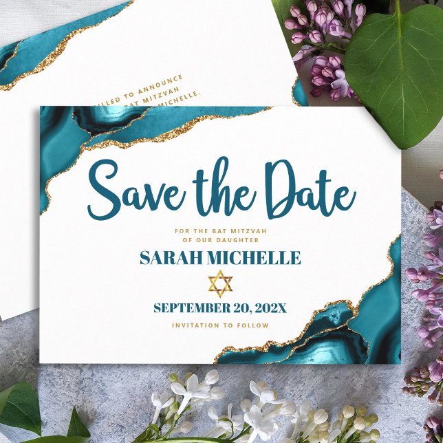 Bat Mitzvah Modern Turquoise Gold Agate Script Save The Date (Creator Uploaded)
