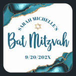 Bat Mitzvah Modern Turquoise Gold Agate Script Square Sticker<br><div class="desc">Be proud, rejoice and showcase this milestone of your favorite Bat Mitzvah! Use this cool, unique, modern, personalized sticker to add to her special day. Dark teal blue script typography and a faux gold Star of David overlay a simple, clean white background with turquoise blue agate rocks accented with faux...</div>