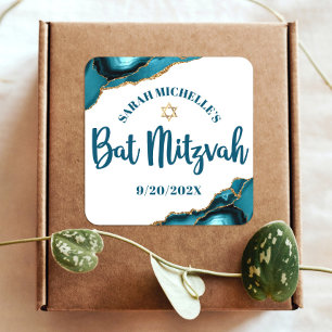 Bat Mitzvah Modern Turquoise Gold Agate Script Square Sticker