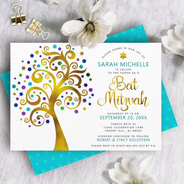 Bat Mitzvah Modern Turquoise Gold Tree of Life Invitation (Creator Uploaded)