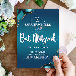 Bat Mitzvah Modern Turquoise Ombre Agate Script Invitation