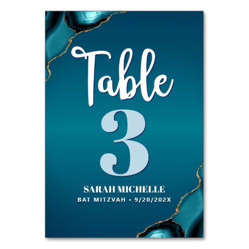 Bat Mitzvah Modern Turquoise Ombre Agate Script Table Number