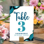 Bat Mitzvah Modern Turquoise Teal Agate Script Table Number<br><div class="desc">No Bat Mitzvah party is complete without personalized table number cards. Let your daughter be proud, rejoice and celebrate her milestone at her perfectly coordinated party. Dark teal blue calligraphy script, turquoise blue and teal blue typography, and turquoise blue agate rocks accented with faux gold veins overlay a clean, white...</div>