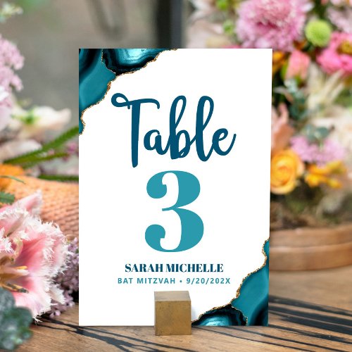 Bat Mitzvah Modern Turquoise Teal Agate Script Table Number
