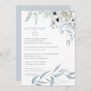 Bat Mitzvah Modern Watercolor Dusty Blue Floral Invitation