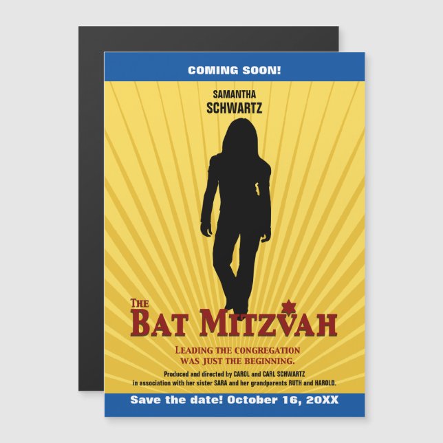 Bat Mitzvah Movie Star Save the Date Yellow Blue Magnetic Invitation (Front/Back)