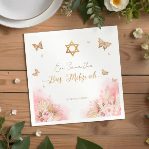 Bat Mitzvah Napkins Pink Blush Gown Butterflies