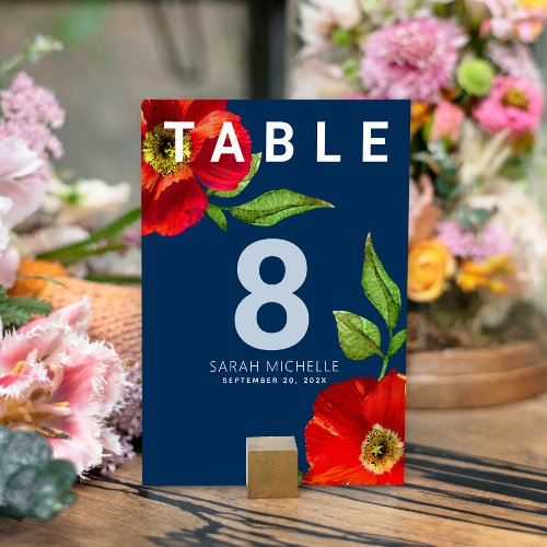 Bat Mitzvah Navy Blue Modern Red Floral Watercolor Table Number